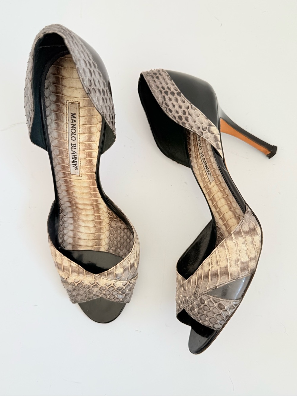 Manolo Blahnik Snakeskin Black Patent D’Orsay Peep Toe Heels 40.5